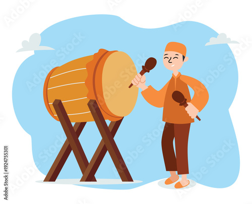 muslim man beating a bedug traditional drum. muslim man beating a drum. muslim man playing a traditional drum. islamic celebration