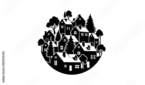 Black Silhouette Village Houses and Trees Round Composition Vector Illustration