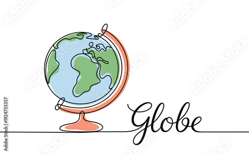 Minimalist continuous line art vector graphic illustration depicting a stylized educational earth globe with subtle color fills.
