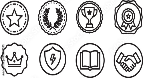 Assorted achievement and honor badges and icons in a circular format Vector