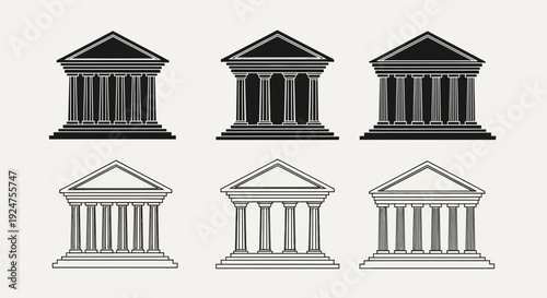 Bank Building Icon Set Vector – Government Institution Pillar Architecture Line and Solid Illustration