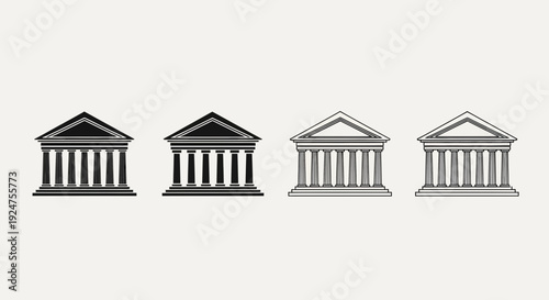 Bank Building Icon Set Vector – Government Institution Pillar Architecture Line and Solid Illustration