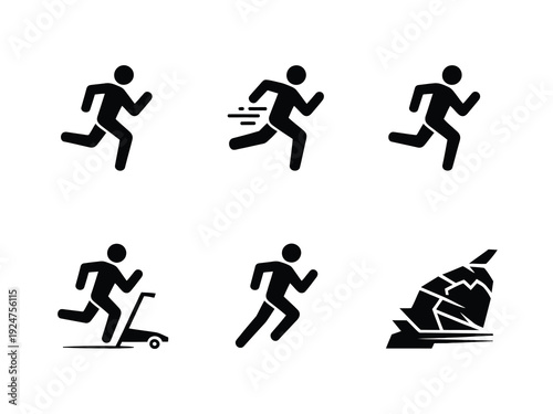 Various black silhouettes of people running in different scenarios.