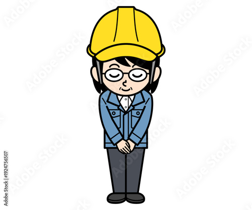 お辞儀するヘルメットをかぶった現場監督の中年女性