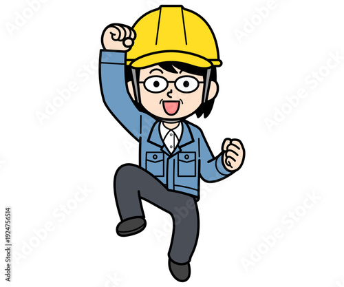 飛び上がるヘルメットをかぶった現場監督の中年女性