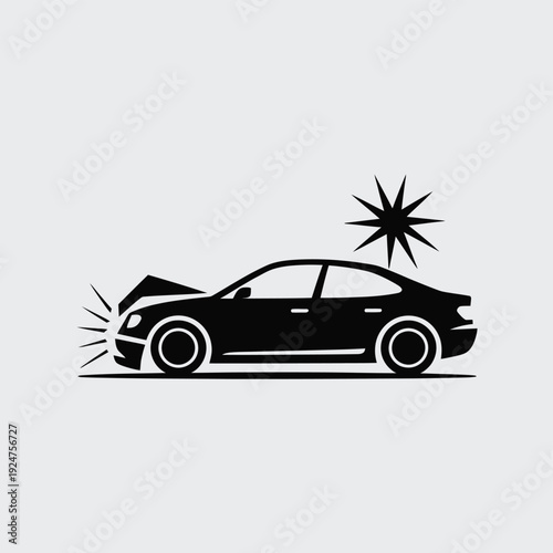 A black car with a damaged front end and a starburst effect indicating a collision.