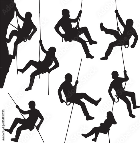 Collection of black silhouettes depicting people rock climbing and rappelling on ropes in various dynamic poses