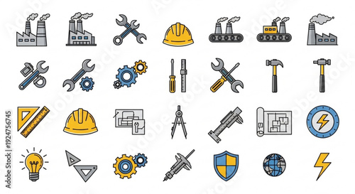 Collection of industrial tools and construction icons including hard hats wrenches and machinery symbols