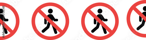 No pedestrian icon illustration set, prohibition sign artwork, traffic vector design, safety graphic pack, restriction symbol collection, red circle sketch
