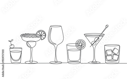 A captivating minimalist single line vector graphic illustration showcasing a diverse collection of popular cocktail and beverage glasses, ideal for elegant drink design.