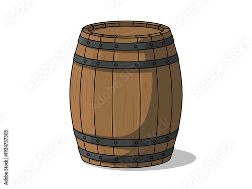 A wooden barrel with metal bands on a white background with a subtle shadow.