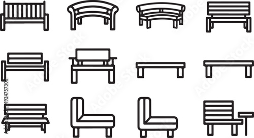 A variety of different styles of park benches and chairs illustrated in a simple line drawing style Vector