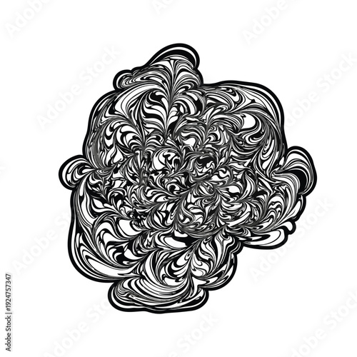 Abstract black and white swirling lines pattern, intricate organic shape, psychedelic doodle art, decorative graphic design element, complex ink blot texture.