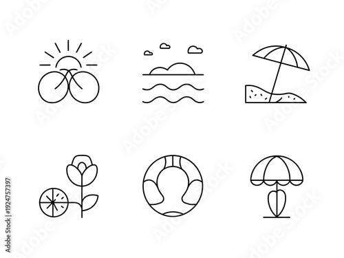 A collection of simple line drawings representing a beach scene with various elements.