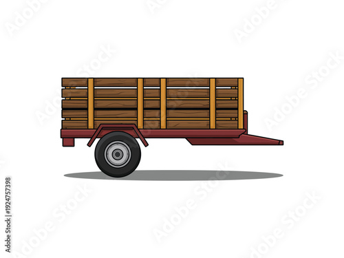 A red trailer loaded with wooden planks on a white background.
