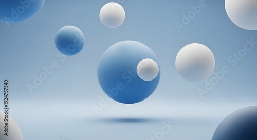 Abstract Composition Of Floating Spheres In Shades Of Blue And White On Light Blue Background With Soft Shadows