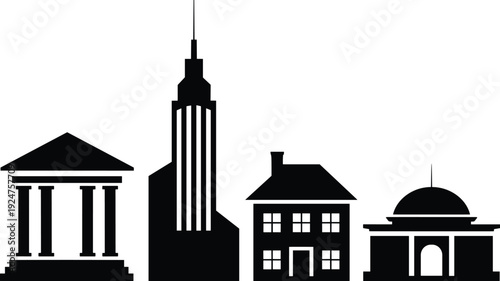 Classical temple, modern skyscraper, suburban house, domed capitol building silhouettes, urban architecture diversity, government, residential, commercial icons – cad drawing flat vector illustration