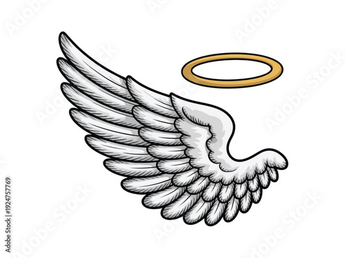 A simple drawing of an angel wing with a halo above it.