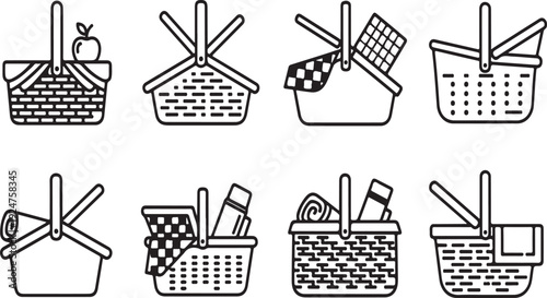 A variety of picnic baskets filled with different items and food Vector