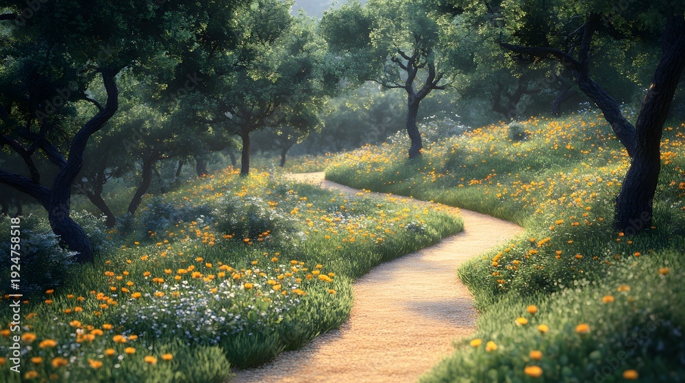 Obraz premium Winding path through wildflowers and trees evokes tranquility. Lush greens and bright orange blossoms create a captivating scene. Perfect for Abstract Boho Style designs and stock.
