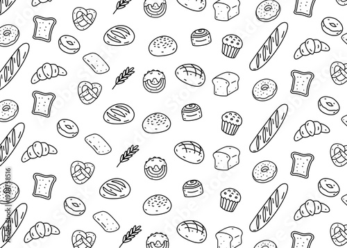 A set of bakery illustration pattern with white background, food packaging, menu illustration hand drawn wrapping design, food business, bakeshop