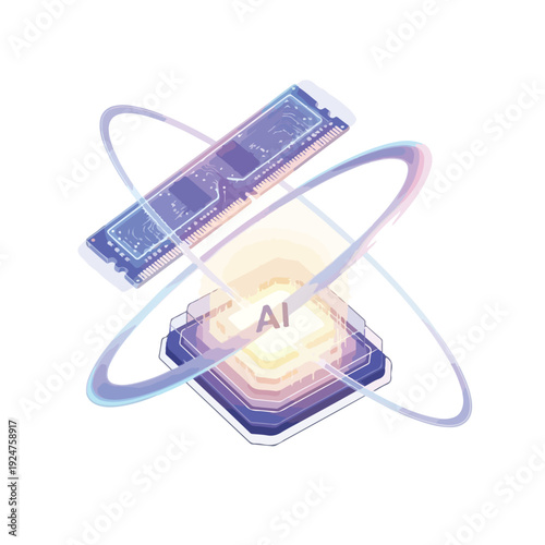 Illustration of AI boom impact on RAM with a glowing orb and circuit boards in a futuristic design with purple hues against a white background.