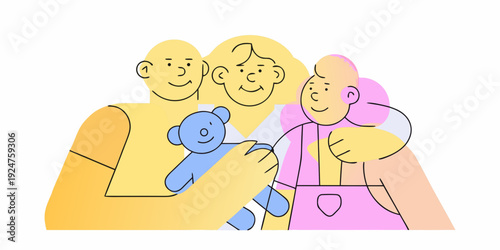 A family embraces parents and a baby in a warm colorful illustration