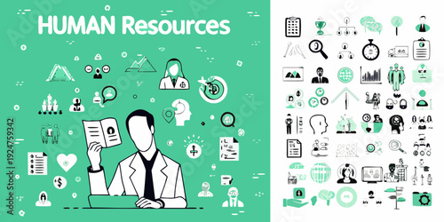 Human resources concept with icons and a professional in focus