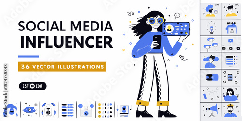 Social media influencer illustration with various digital content icons displayed