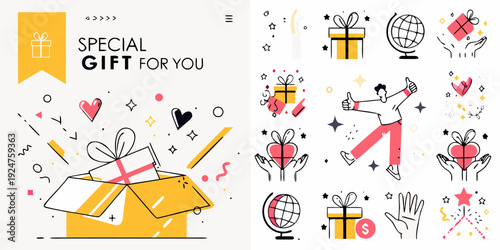 Colorful graphic design featuring gifts hearts and celebratory elements