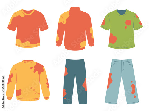 Various clothing items stained with red and orange blotches against a white background.