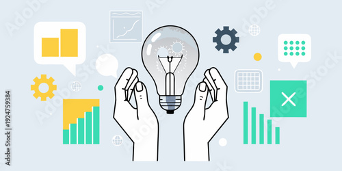 Hands carefully holding a glowing lightbulb with surrounding innovation icons