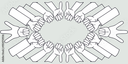A circle formed by many raised hands in a simple line drawing