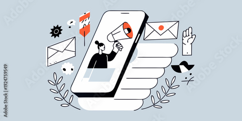 Smartphone displaying notifications messages and a person announcing with a megaphone