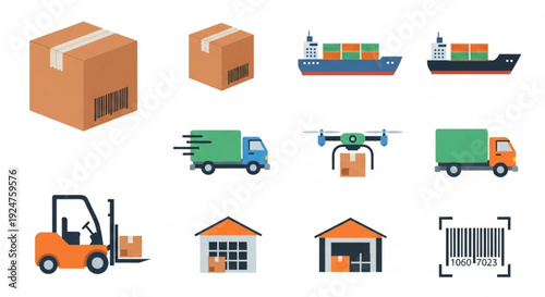 Logistics and shipping icons including trucks ships drones forklifts and packages on white background for business concepts