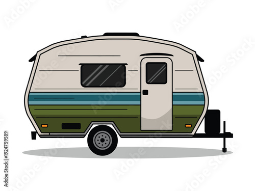 A small camper trailer with green and blue stripes on a white background.