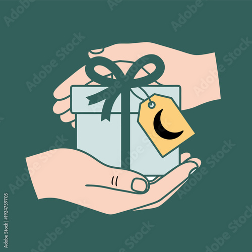 Hands holding a wrapped gift with a tag, viewed from above, showcasing a generous act