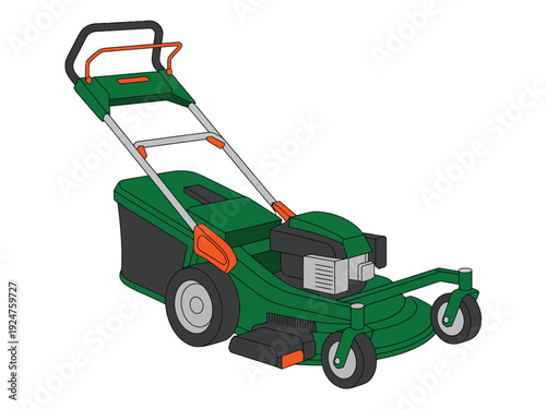 A green lawn mower with orange accents on a white background is depicted.