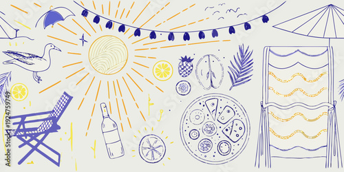 Summer doodles featuring beach elements food and a sunny atmosphere