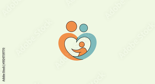Stylized heart shaped figures in orange and blue hues embracing