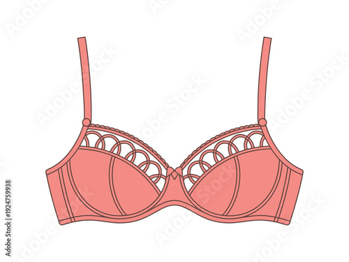 A cartoon style illustration of a pink bra with lace details on a white background.