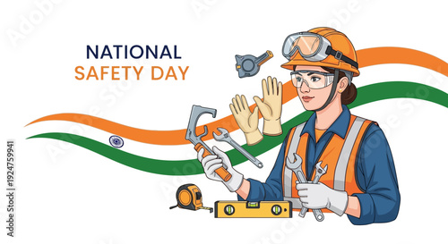 Illustration of a construction worker in safety gear with tools on National Safety Day in India, promoting workplace safety awareness and occupational health.
