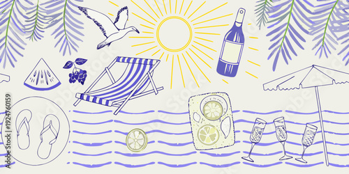 A summery beach scene featuring a sun drinks and seaside items