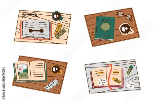 Cozy reading corners with open books, coffee cups, bookmarks, glasses on wooden tables. Flat cartoon vector illustration set. Perfect for literature, education, relaxation themes, library design