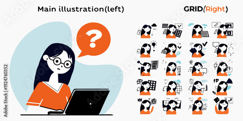 Woman with question mark bubble using laptop and grid of icon variations