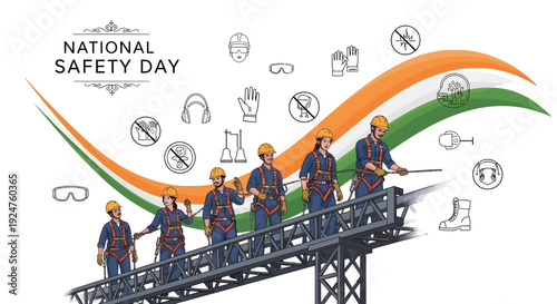 Illustration of workers on a construction site with safety icons and Indian flag colors for National Safety Day in India.