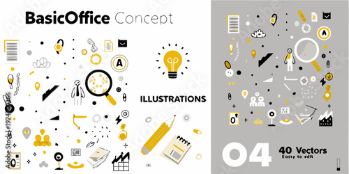 Basicoffice concept with various office related icons and illustrations