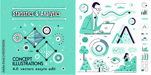 Statistics and analytics concept illustration featuring a person with a laptop