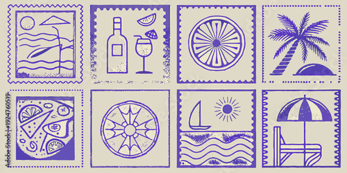Collection of vintage style stamps depicting summer and travel themes