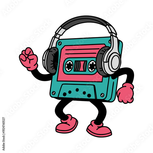 Vibrant cartoon cassette character wearing headphones and sneakers, dancing energetically with fists clenched in a lively pose.